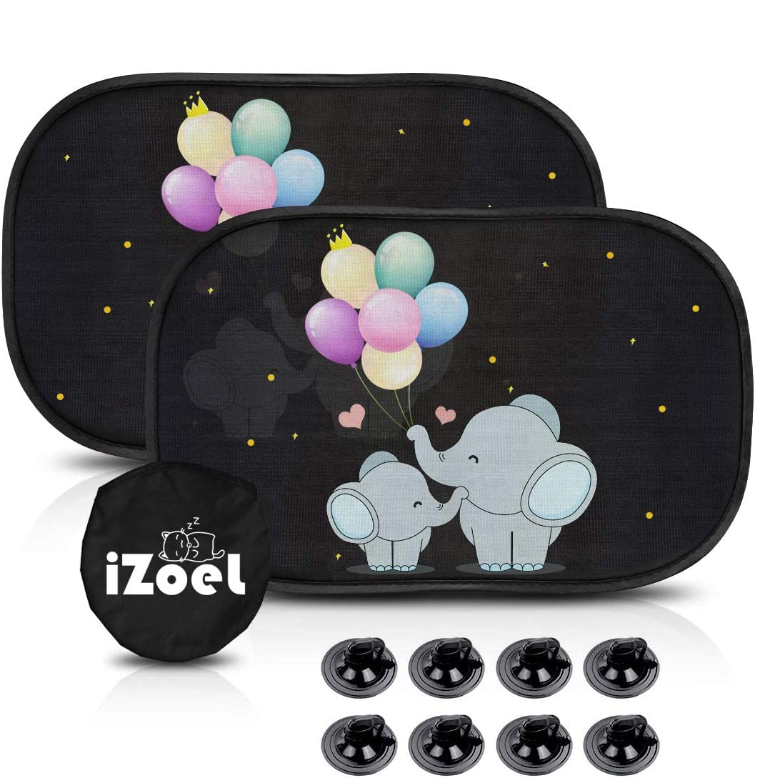 Izoel Car Sun Shade For Baby Kids 2 Pack Static Cling Side Window Car 110Gsm Rear Sunshades Universal With Storage Bag - Sun Glare And Uv Rays Protection For Your Child (Elephant)